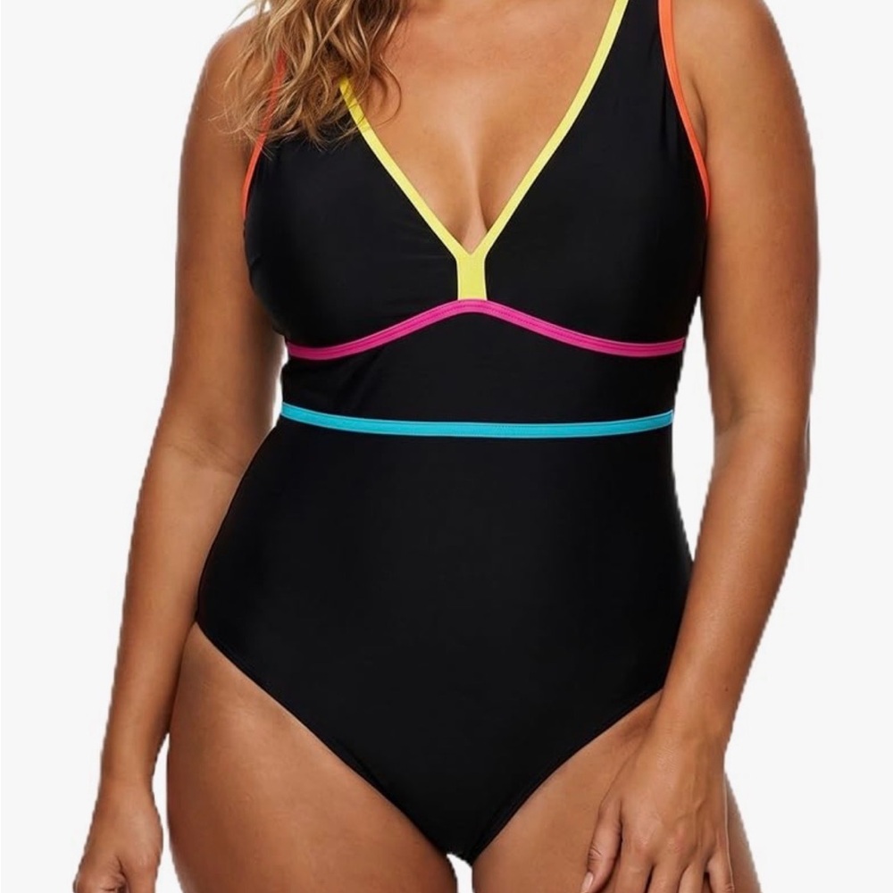Black One-Piece Swimsuit with Neon Contrast Trim